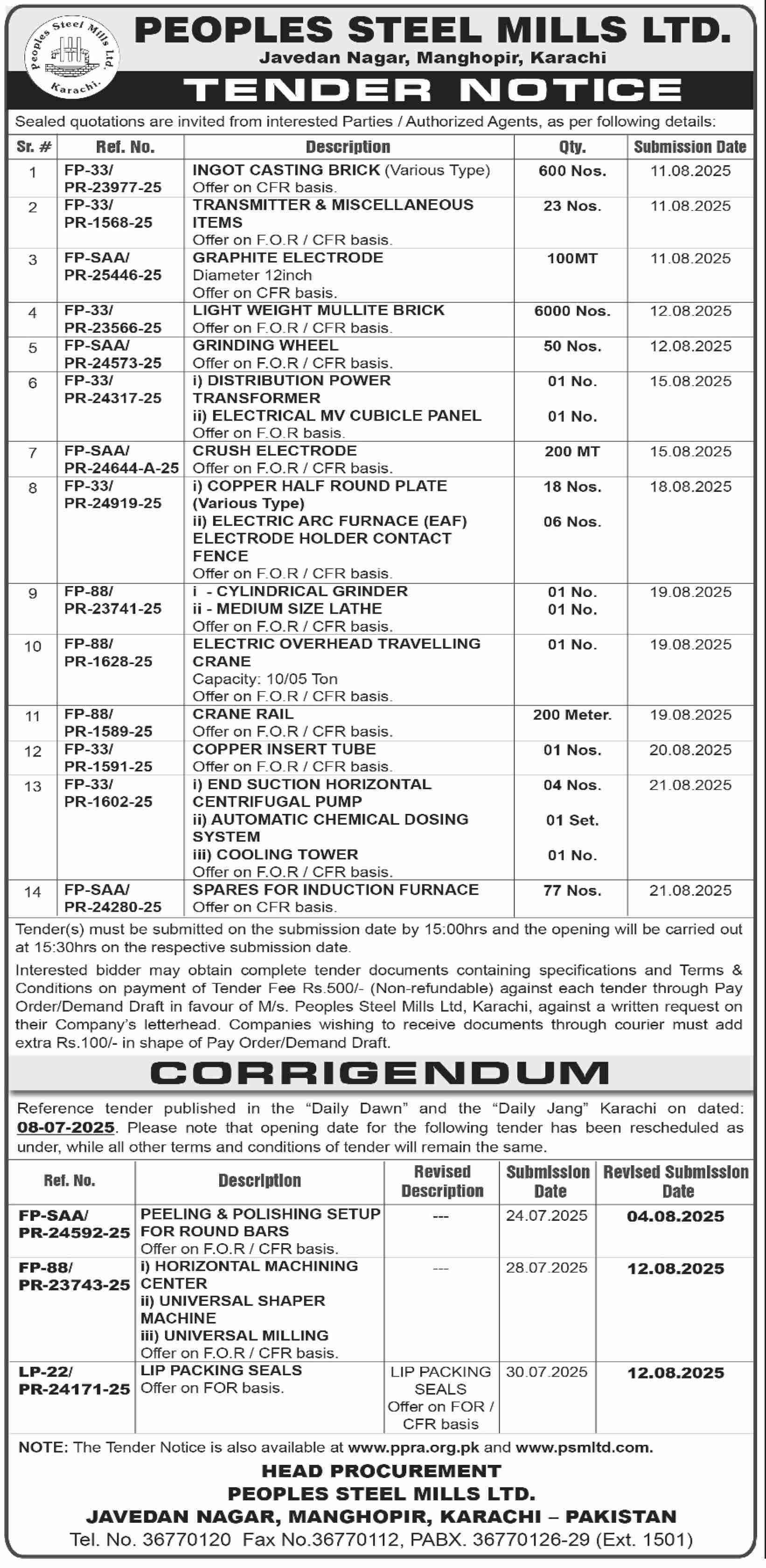 Peoples Steel Mills Karachi Tender Notice
